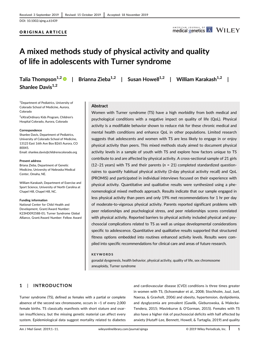 Pdf A Mixed Methods Study Of Physical Activity And Quality Of Life In Adolescents With Turner Syndrome