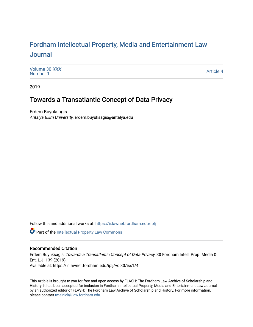 PDF) Towards a Transatlantic Concept of Data Privacy, 30 Fordham Intell. Prop. Media and