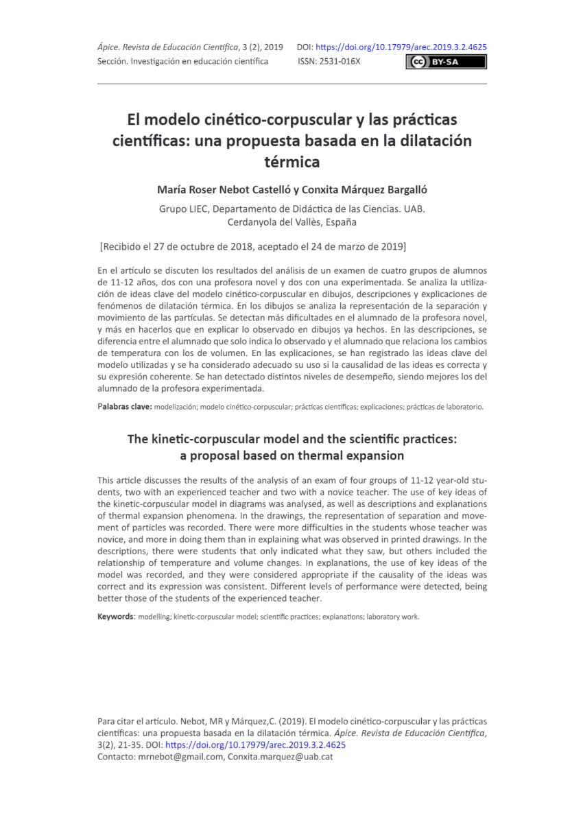 PDF) El modelo cinético-corpuscular y las prácticas científicas: una  propuesta basada en la dilatación térmica