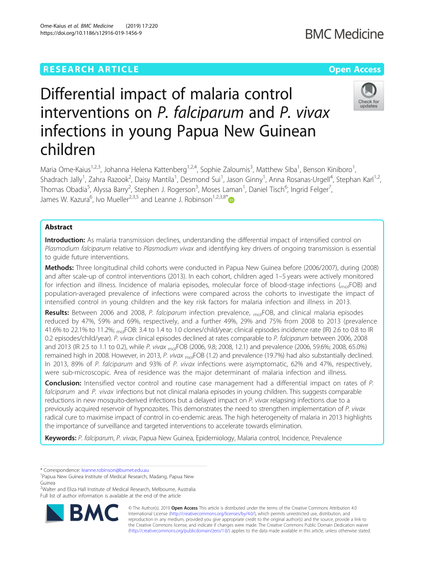 pdf differential impact of malaria control interventions on p falciparum and p vivax infections in young papua new guinean children