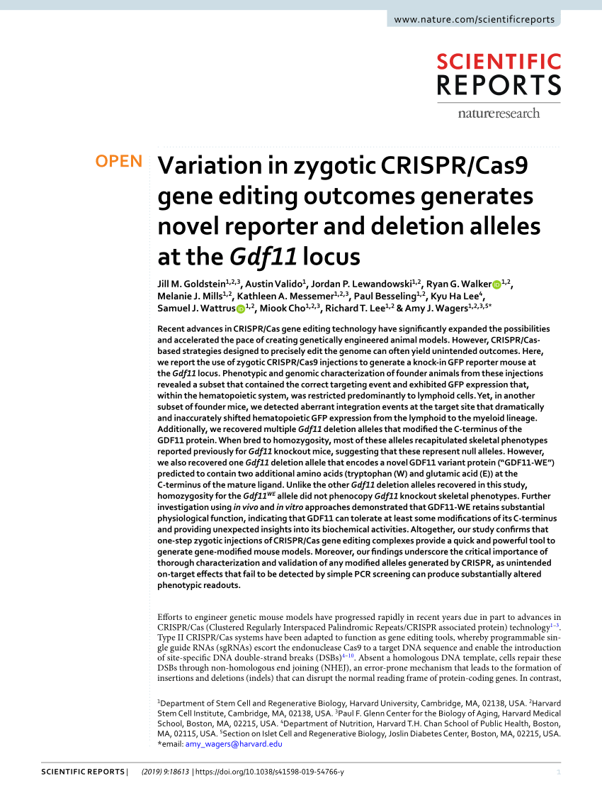 PDF) Variation in zygotic CRISPR/Cas9 gene editing outcomes ...