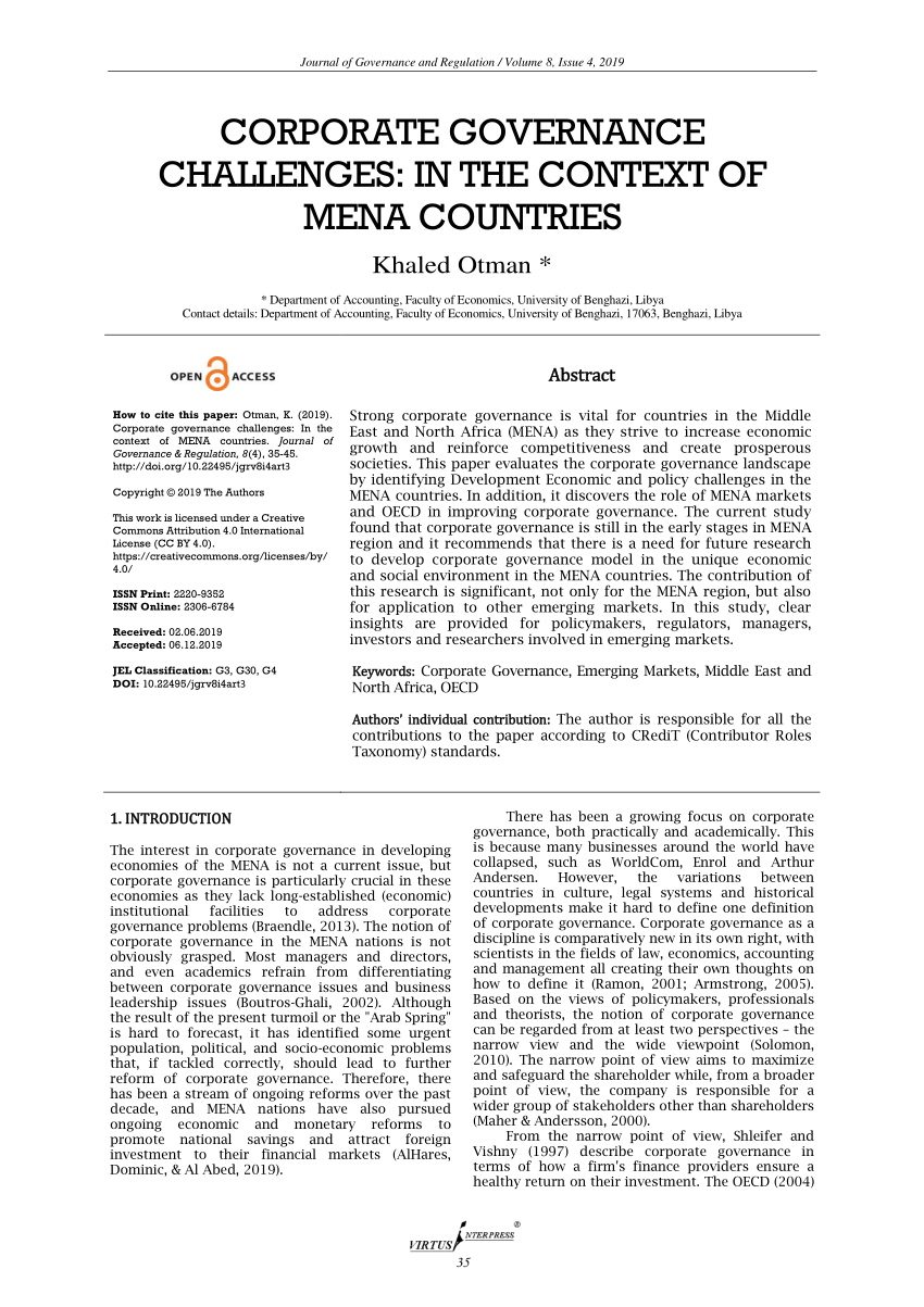 PDF) Corporate governance challenges: In the context of MENA countries