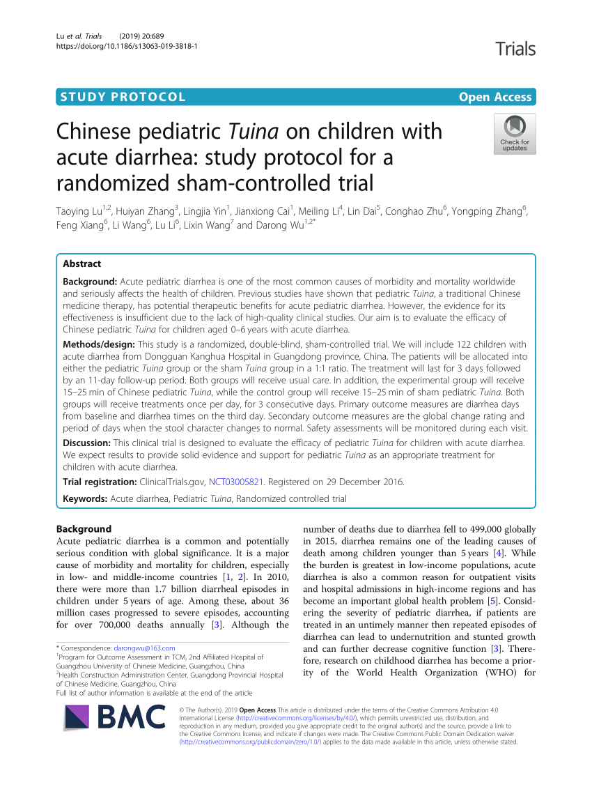 Pdf Chinese Pediatric Tuina On Children With Acute Diarrhea Study Protocol For A Randomized Sham Controlled Trial