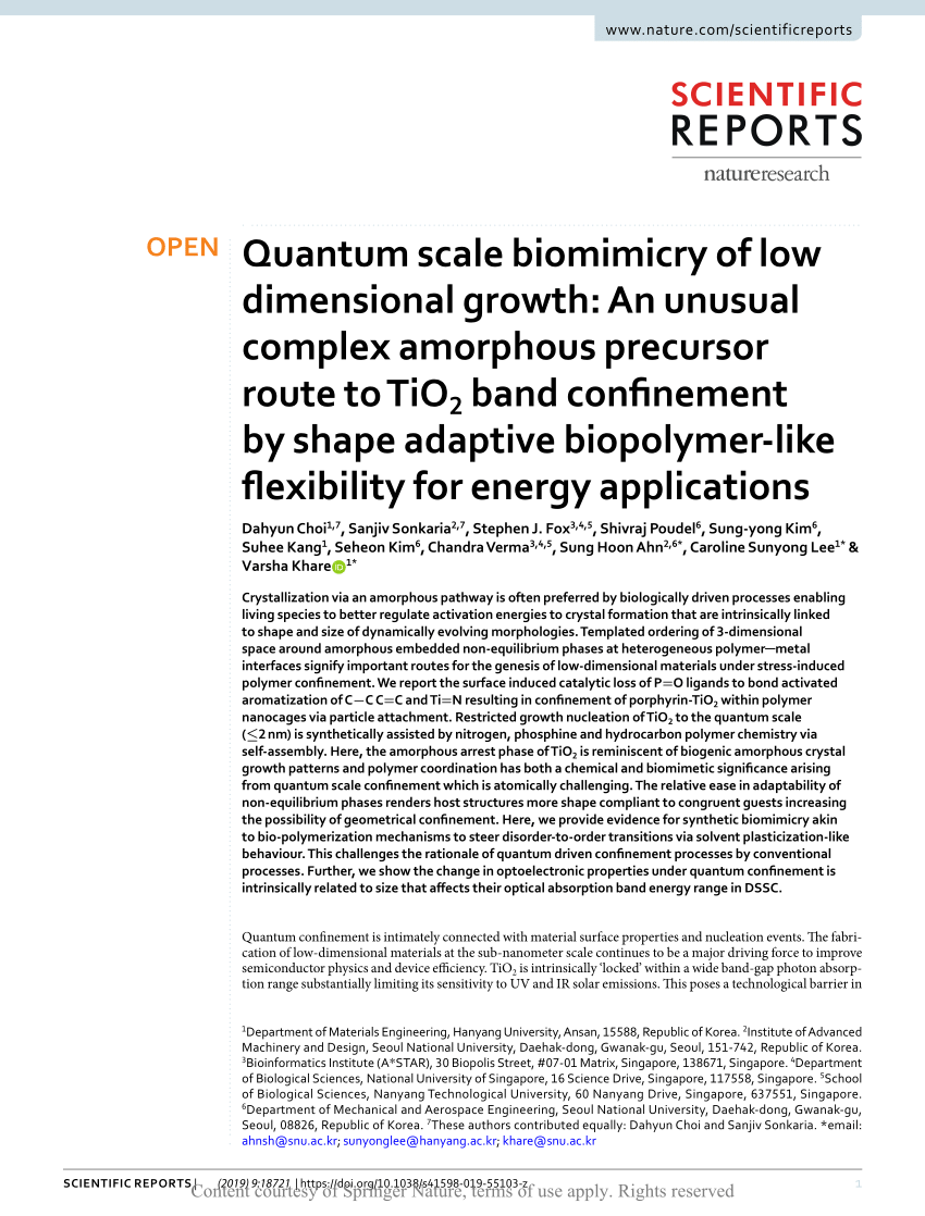 Pdf Quantum Scale Biomimicry Of Low Dimensional Growth An Unusual Complex Amorphous Precursor Route To Tio2 Band Confinement By Shape Adaptive Biopolymer Like Flexibility For Energy Applications