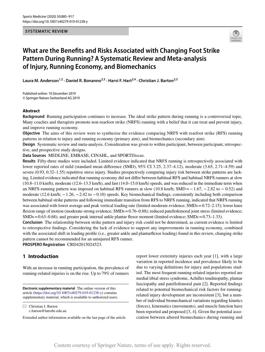 What Are The Benefits And Risks Associated With Changing Foot Strike Pattern During Running A Systematic Review And Meta Analysis Of Injury Running Economy And Biomechanics Request Pdf