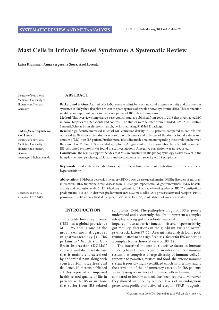 PDF) Mast Cells in Irritable Bowel Syndrome: A Systematic Review