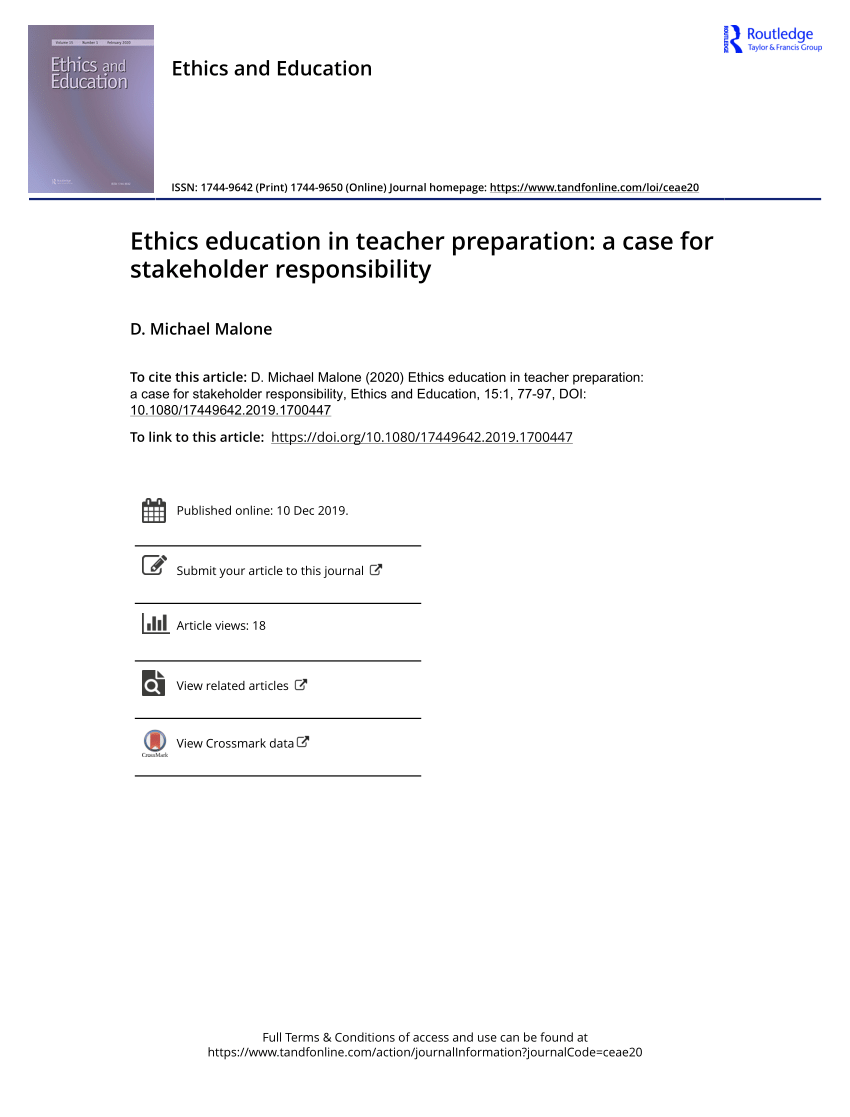 Pdf Ethics Education In Teacher Preparation A Case For Stakeholder Responsibility