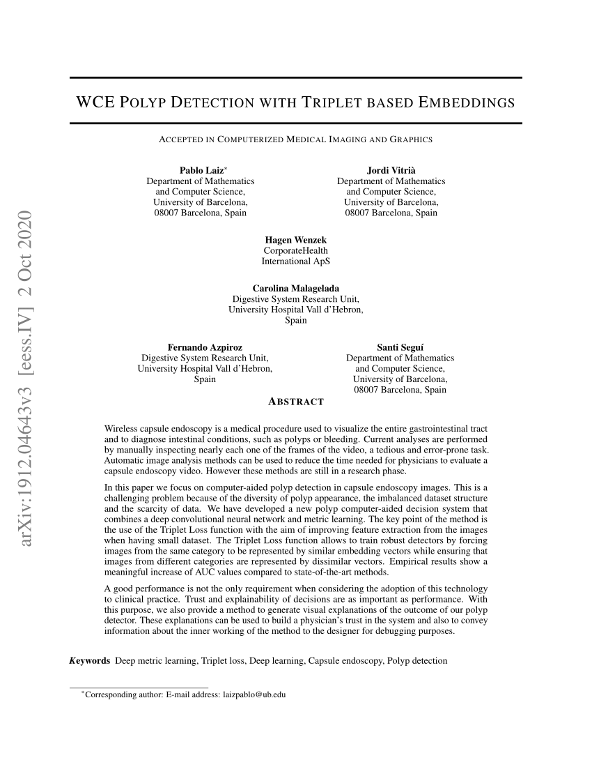 Pdf Wce Polyp Detection With Triplet Based Embeddings