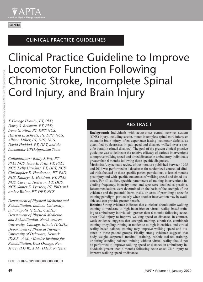 Pdf Clinical Practice Guideline To Improve Locomotor Function Following Chronic Stroke Incomplete Spinal Cord Injury And Brain Injury