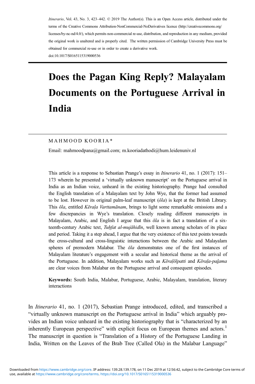 Pdf Does The Pagan King Reply Malayalam Documents On The Portuguese Arrival In India