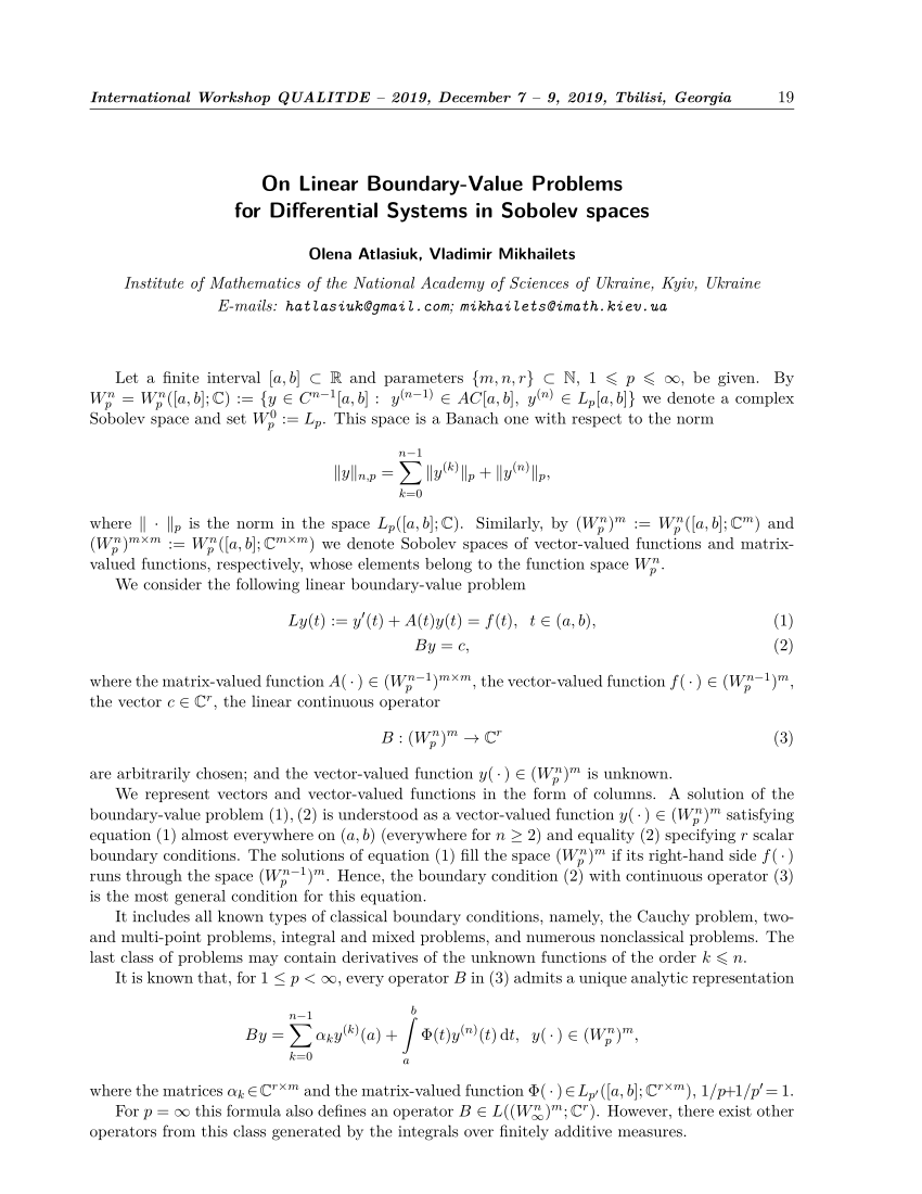 Pdf On Linear Boundary Value Problems For Differential Systems In Sobolev Spaces