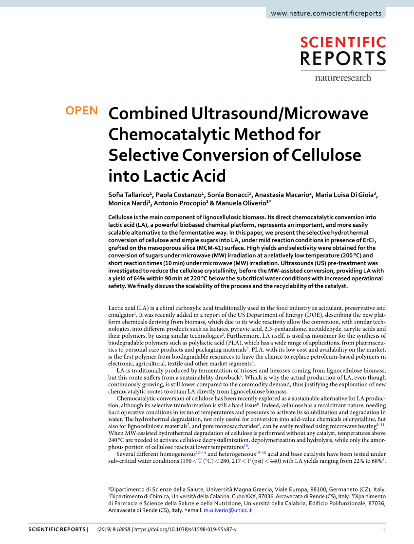 PDF) Combined Ultrasound/Microwave Chemocatalytic Method for Selective  Conversion of Cellulose into Lactic Acid