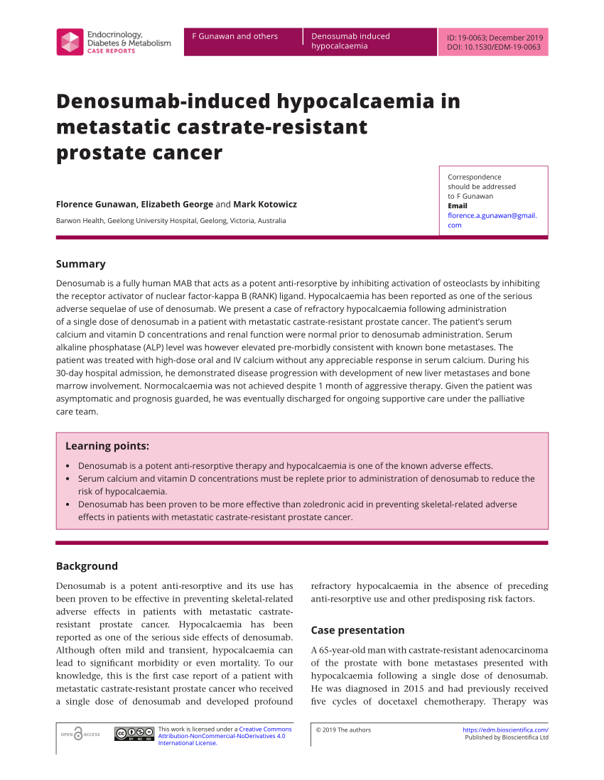 Pdf Denosumab Induced Hypocalcaemia In Metastatic Castrate Resistant Prostate Cancer