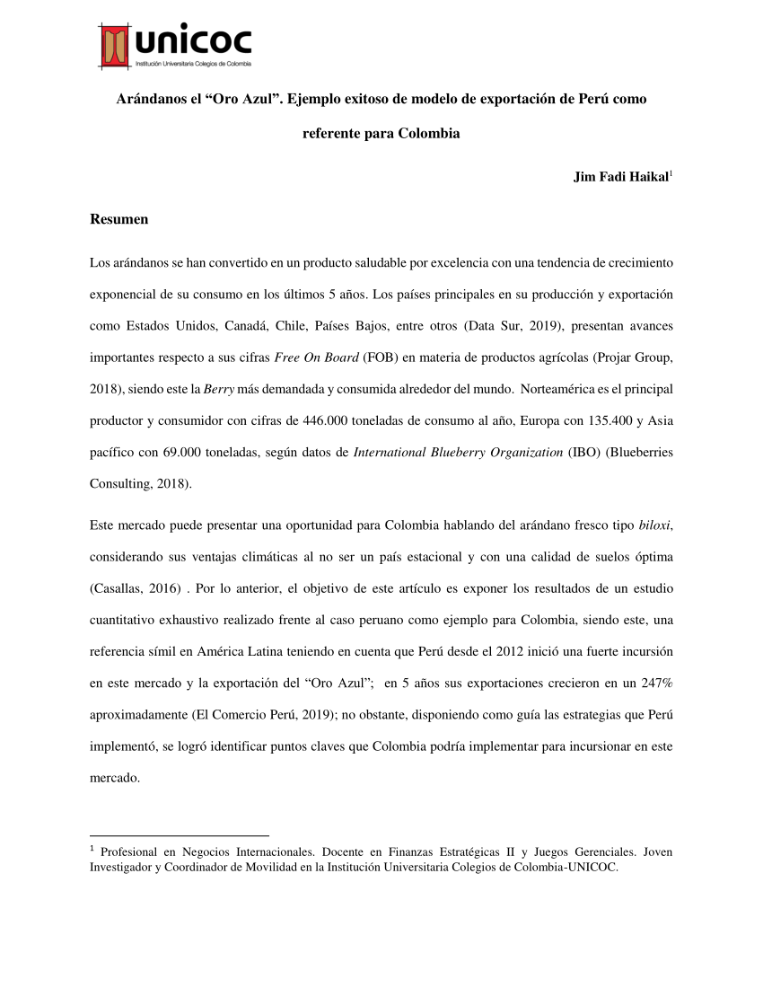 Pdf Arandanos El Oro Azul Ejemplo Exitoso De Modelo De Exportacion De Peru Como Referente Para Colombia