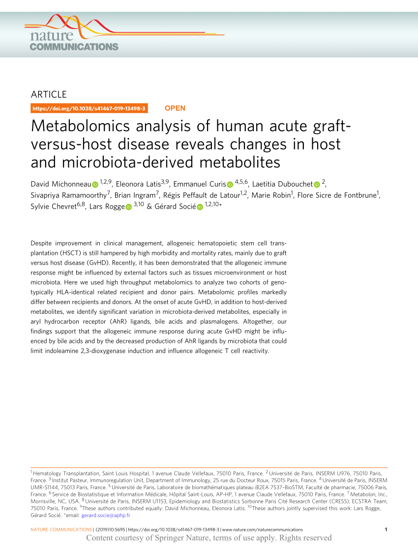PDF) Metabolomics analysis of human acute graft-versus-host disease reveals changes in host and microbiota-derived metabolites