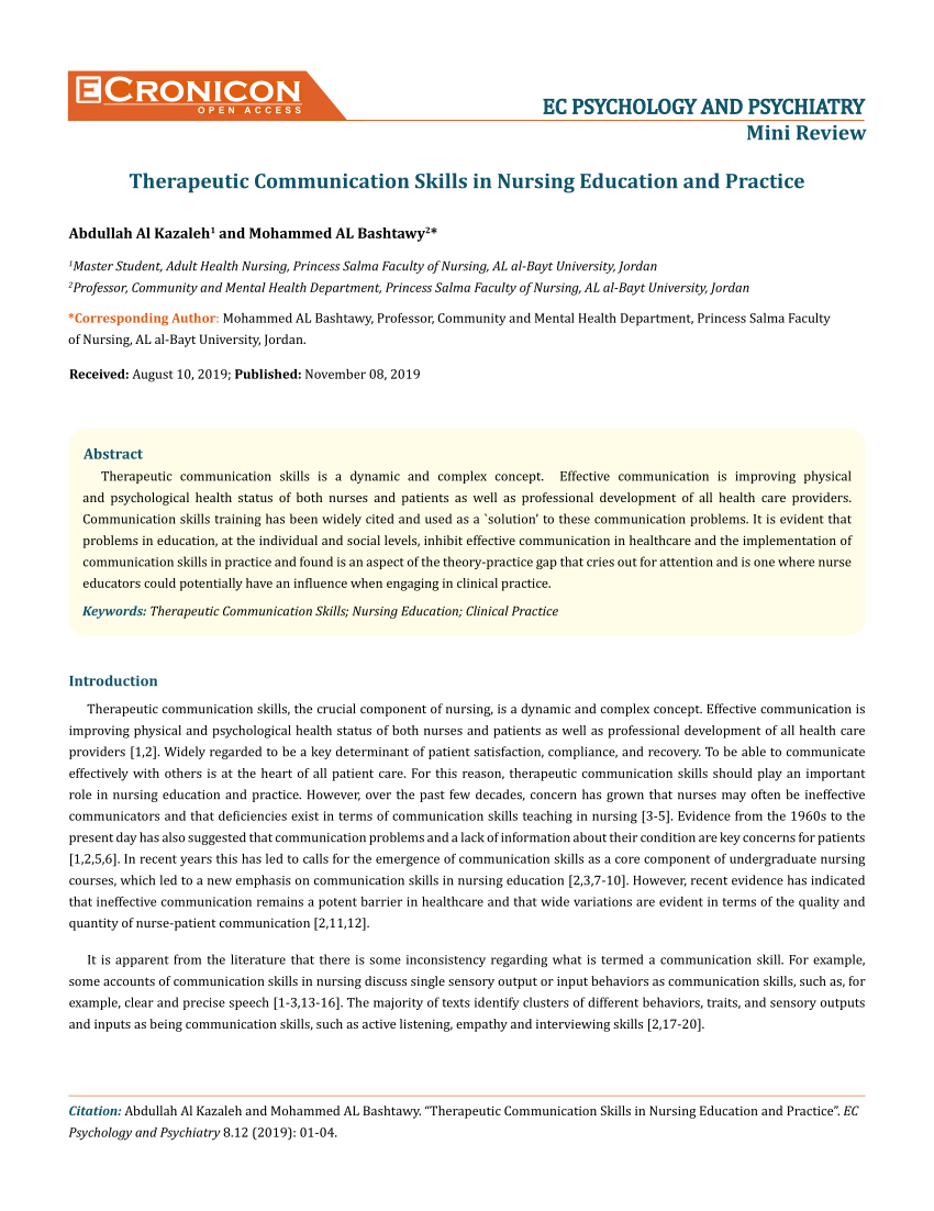 (PDF) Therapeutic Communication Skills in Nursing Education and Practice