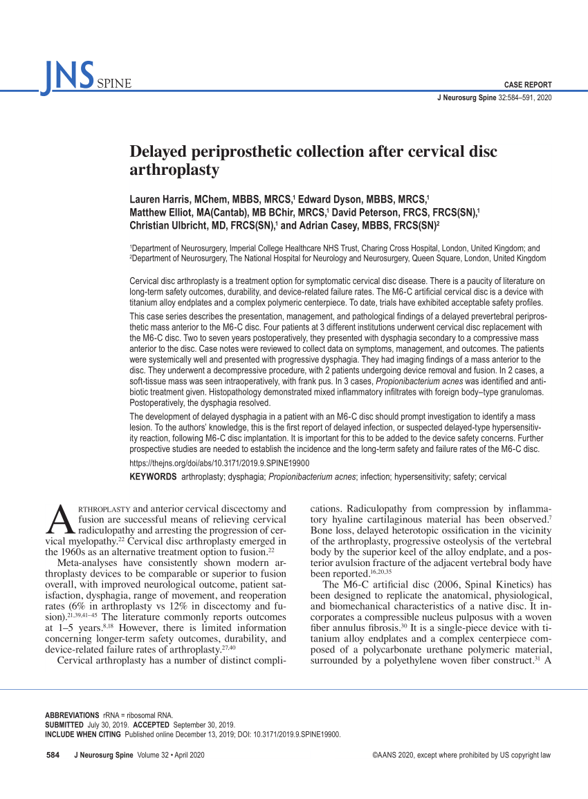 PDF Delayed periprosthetic collection after cervical disc