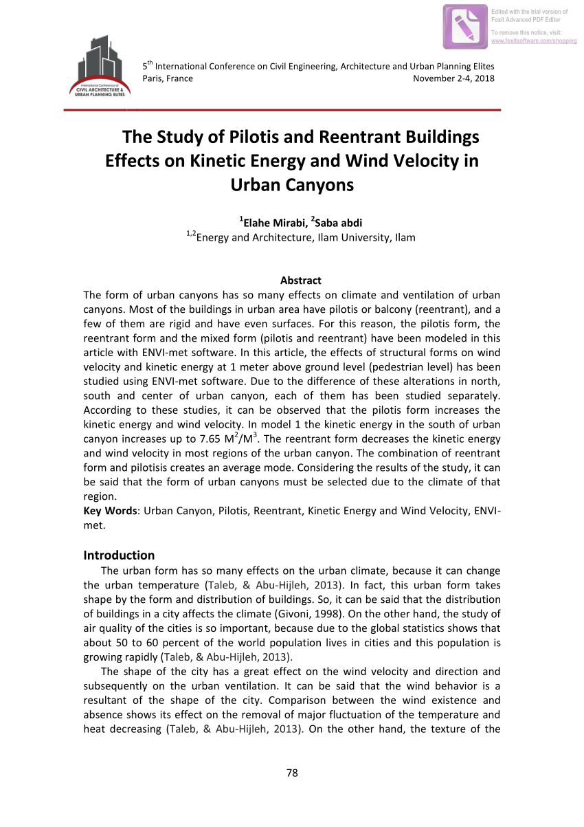 Pdf The Study Of Pilotis And Reentrant Buildings Effects On Kinetic Energy And Wind Velocity In Urban Canyons