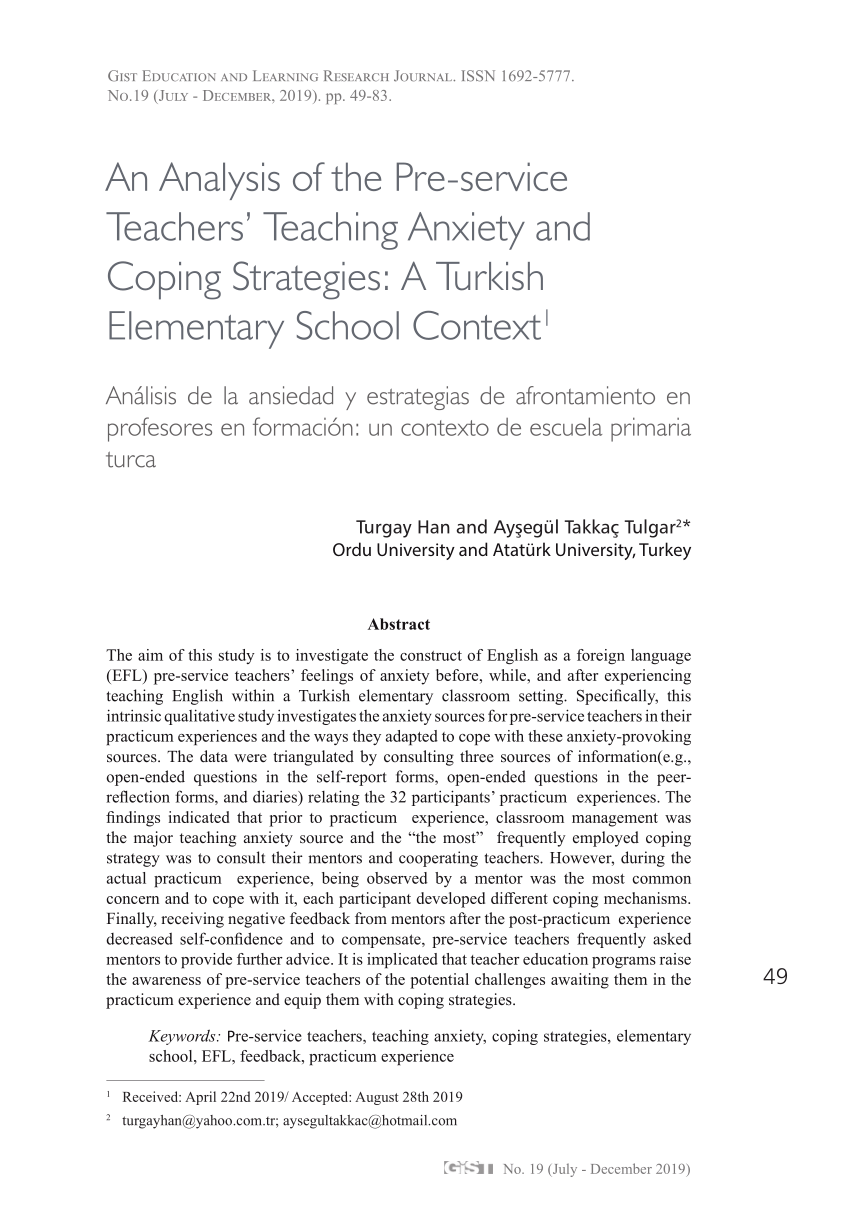 Pdf An Analysis Of The Pre Service Teachers Teaching Anxiety And Coping Strategies A Turkish Elementary School Context