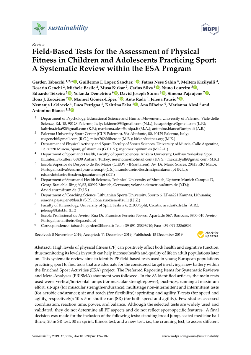 PDF) Field-Based Tests for the Assessment of Physical Fitness in Children and Adolescents Practicing Sport A Systematic Review within the ESA Program