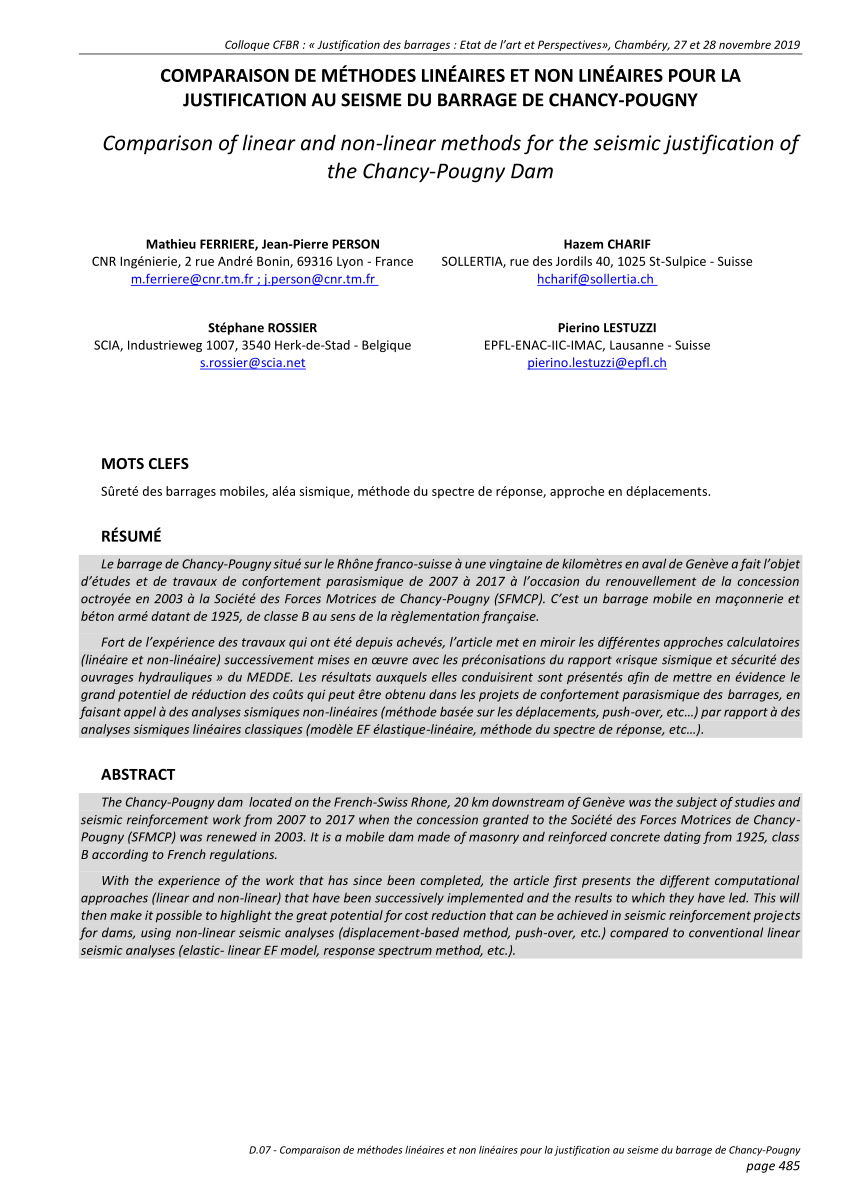 Pdf Comparaison De Methodes Lineaires Et Non Lineaires Pour La Justification Au Seisme Du Barrage De Chancy Pougny Comparison Of Linear And Non Linear Methods For The Seismic Justification Of The Chancy Pougny Dam