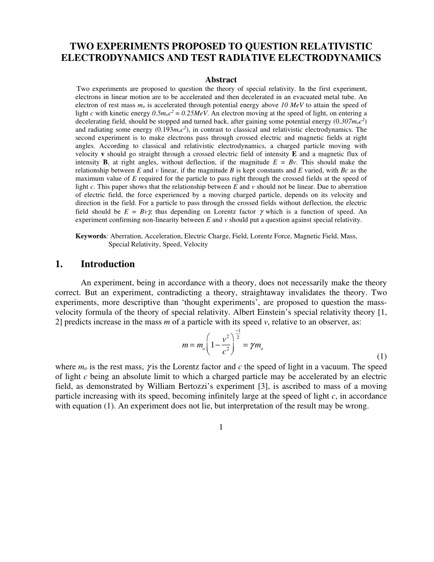 Pdf Two Experiments Proposed To Question Relativistic Electrodynamics And Test Radiative Electrodynamics