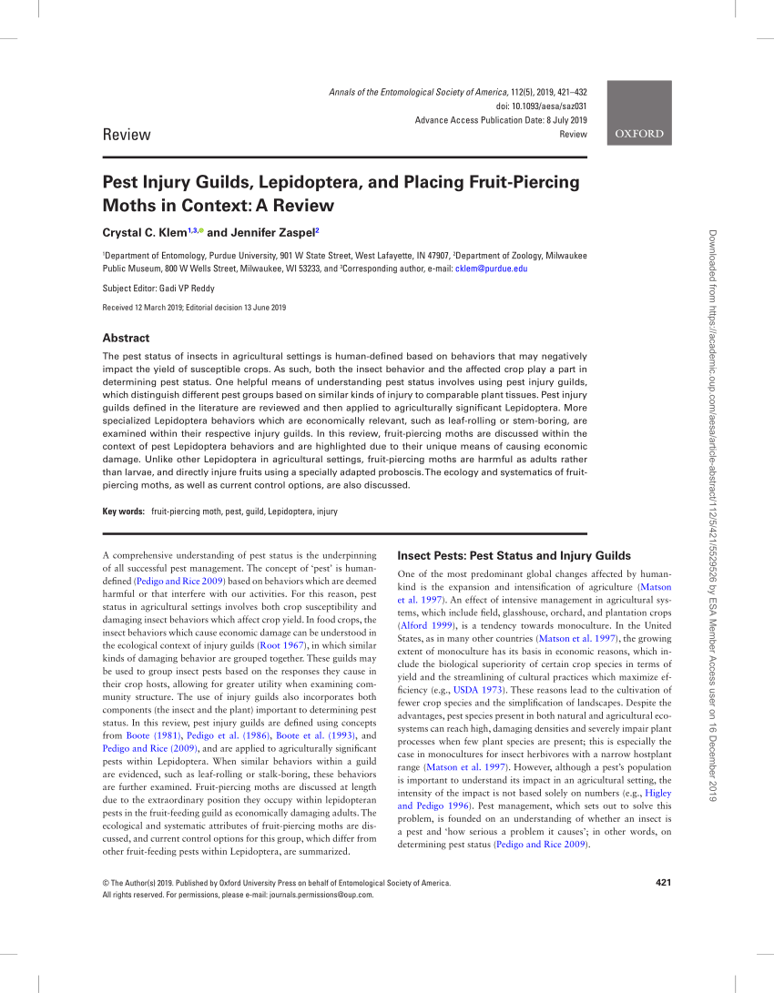 Pdf Pest Injury Guilds Lepidoptera And Placing Fruit Piercing Moths In Context A Review