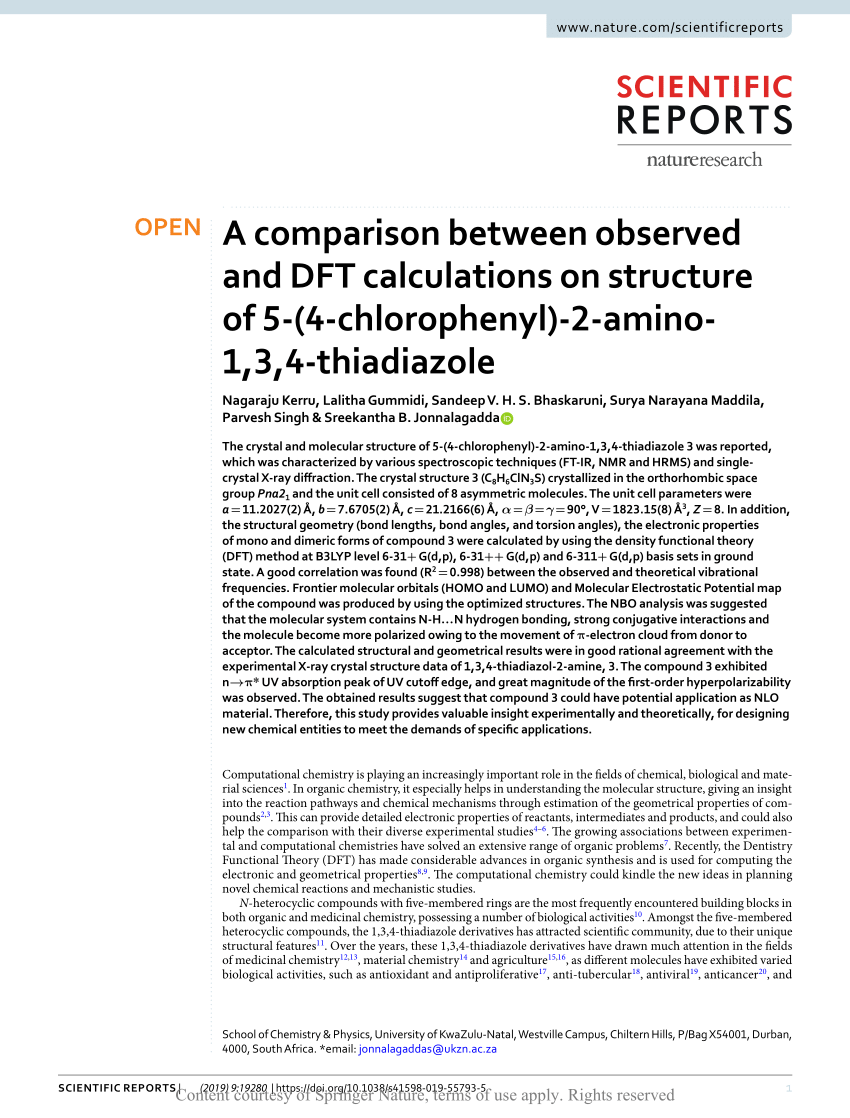 Pdf A Comparison Between Observed And Dft Calculations On Structure Of 5 4 Chlorophenyl 2 Amino 1 3 4 Thiadiazole