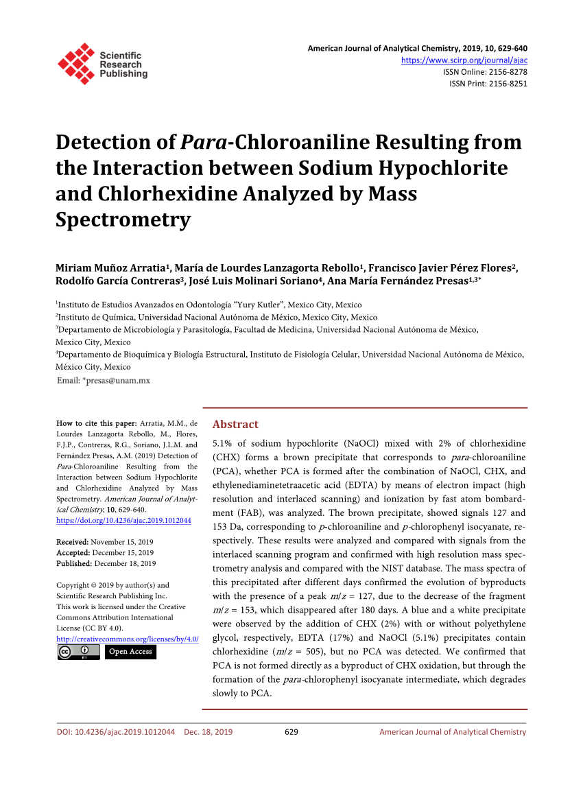 Pdf Detection Of Para Chloroaniline Resulting From The Interaction Between Sodium Hypochlorite And Chlorhexidine Analyzed By Mass Spectrometry