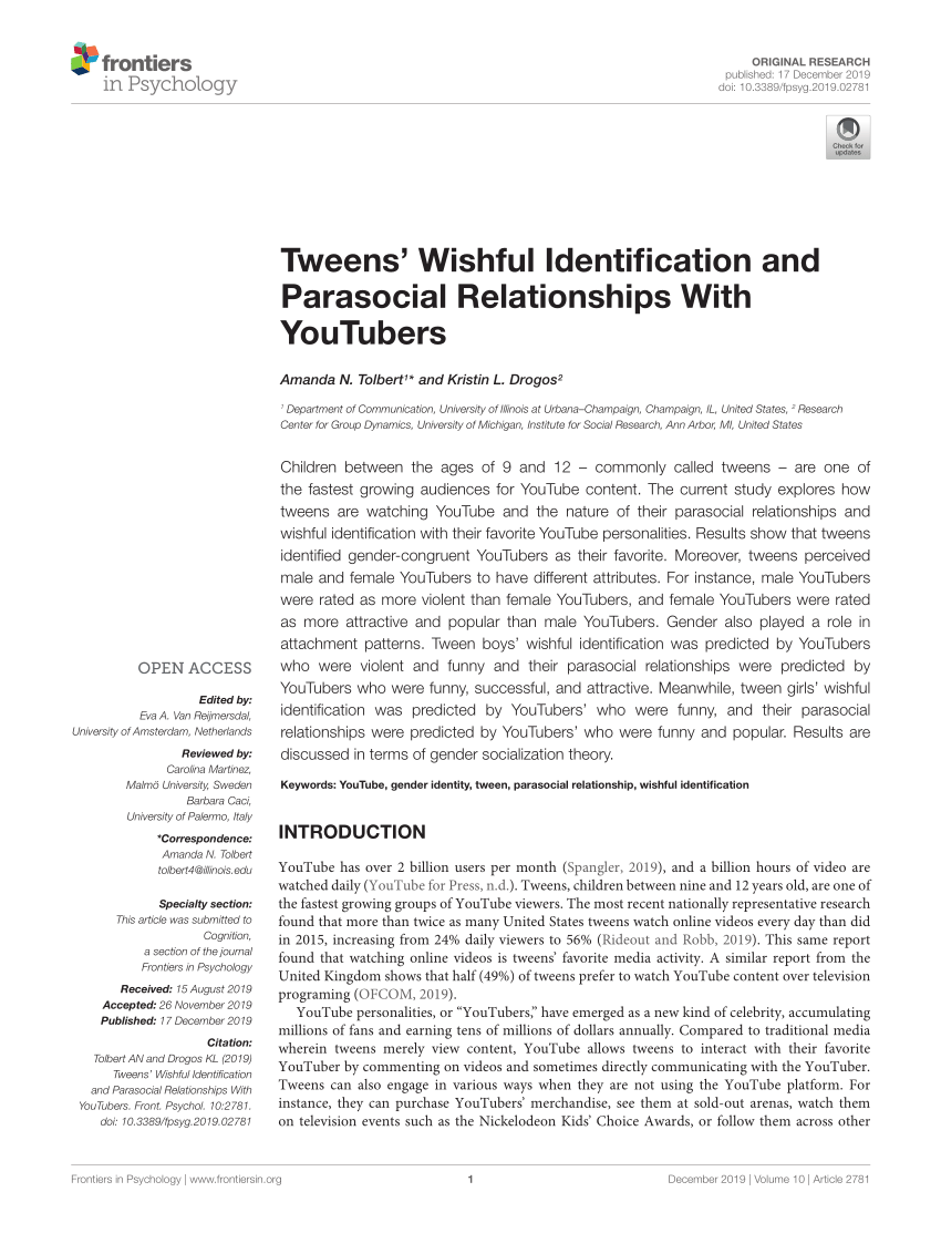 Pdf Tweens Wishful Identification And Parasocial Relationships With Youtubers 5879