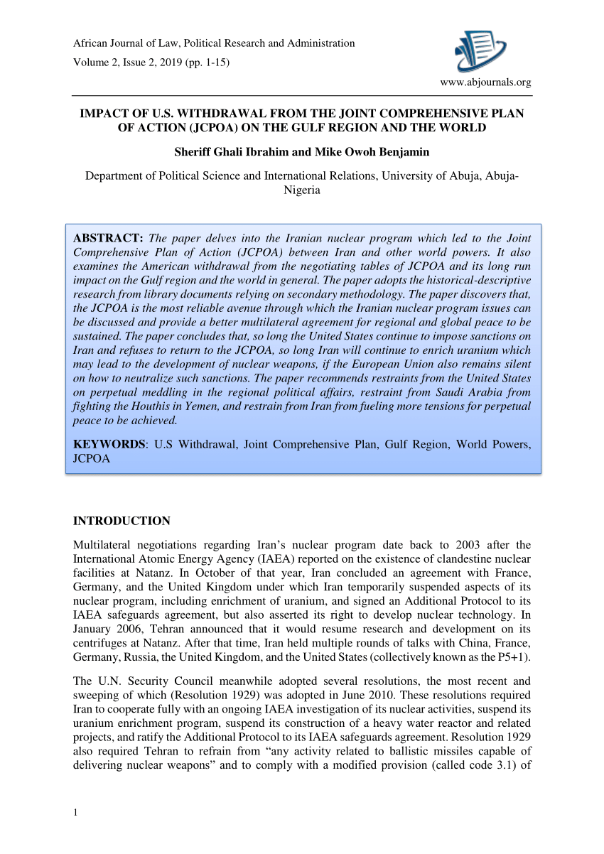 Pdf Impact Of Us Withdrawal From The Joint Comprehensive Plan Of Action Jcpoa On The Gulf 