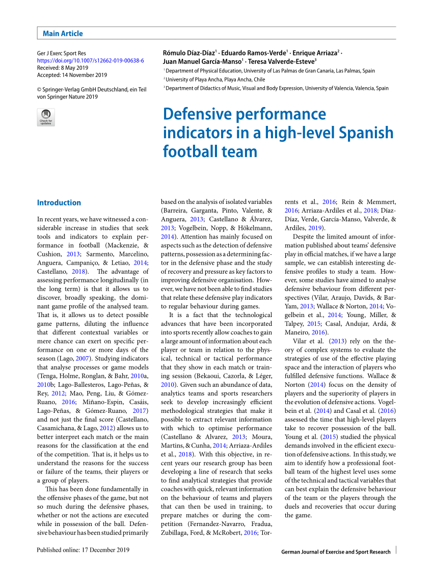 Pdf Defensive Performance Indicators In A High Level Spanish Football Teamindikatoren Der Defensivleistung Einer Spanischen Spitzenmannschaft Im Fussball