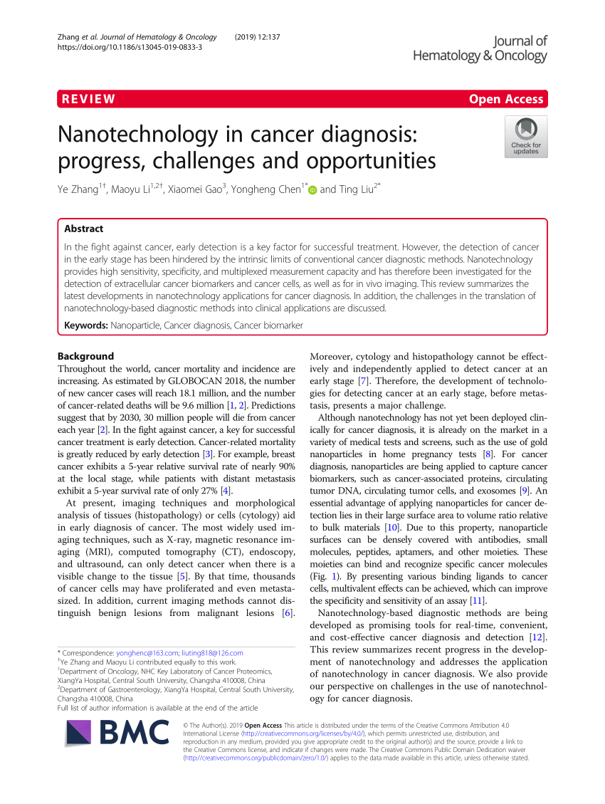 Nanotechnology in cancer diagnosis: progress, challenges and opportunities, Journal of Hematology & Oncology