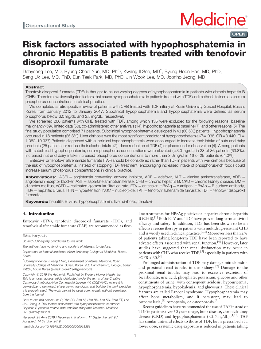 Risk factors associated with hypophosphatemia in chronic Hepatitis B  patients treated with tenofovir disoproxil fumarate. - Abstract - Europe PMC