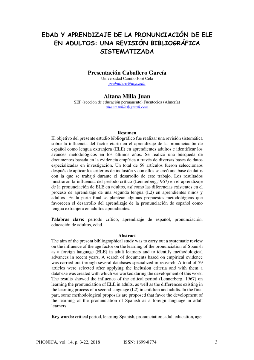 Pdf Edad Y Aprendizaje De La Pronunciacion De Ele En Adultos Una Revision Bibliografica Sistematizada