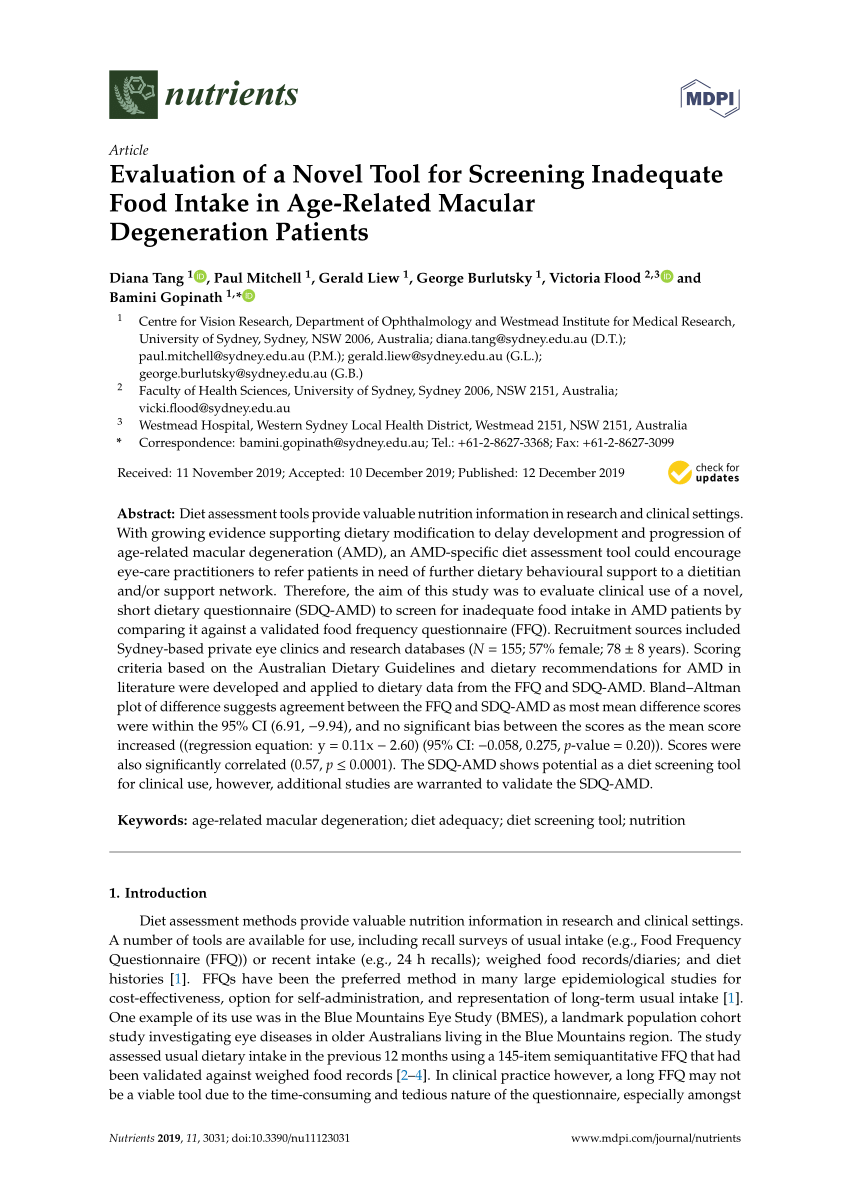 Pdf Evaluation Of A Novel Tool For Screening Inadequate Food