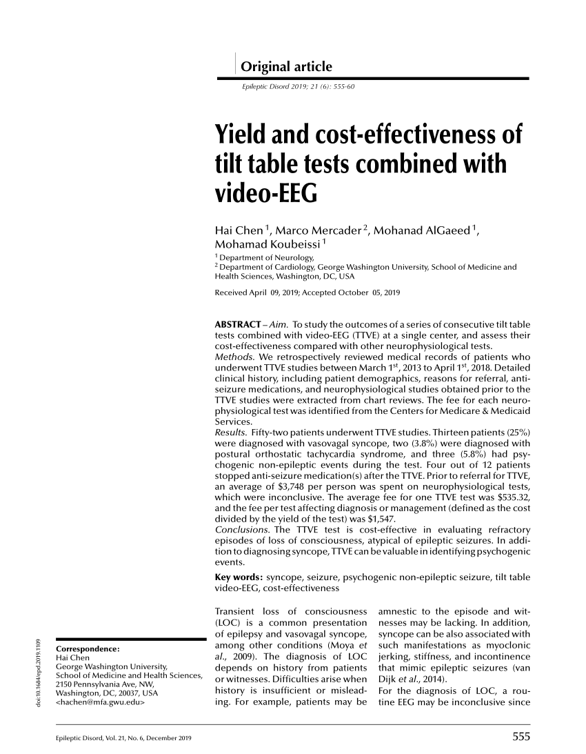 Pdf Yield And Cost Effectiveness Of Tilt Table Tests Combined With Eeg