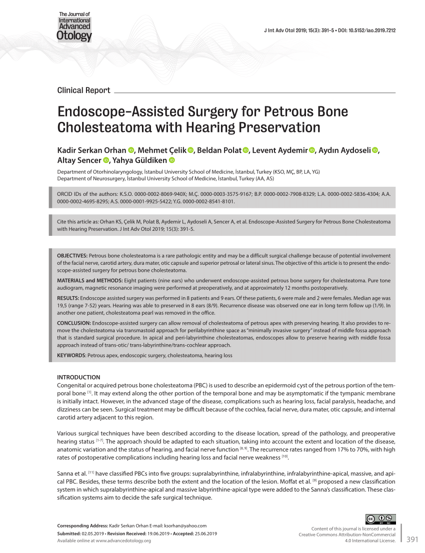 Pdf Endoscope Assisted Surgery For Petrous Bone Cholesteatoma With Hearing Preservation