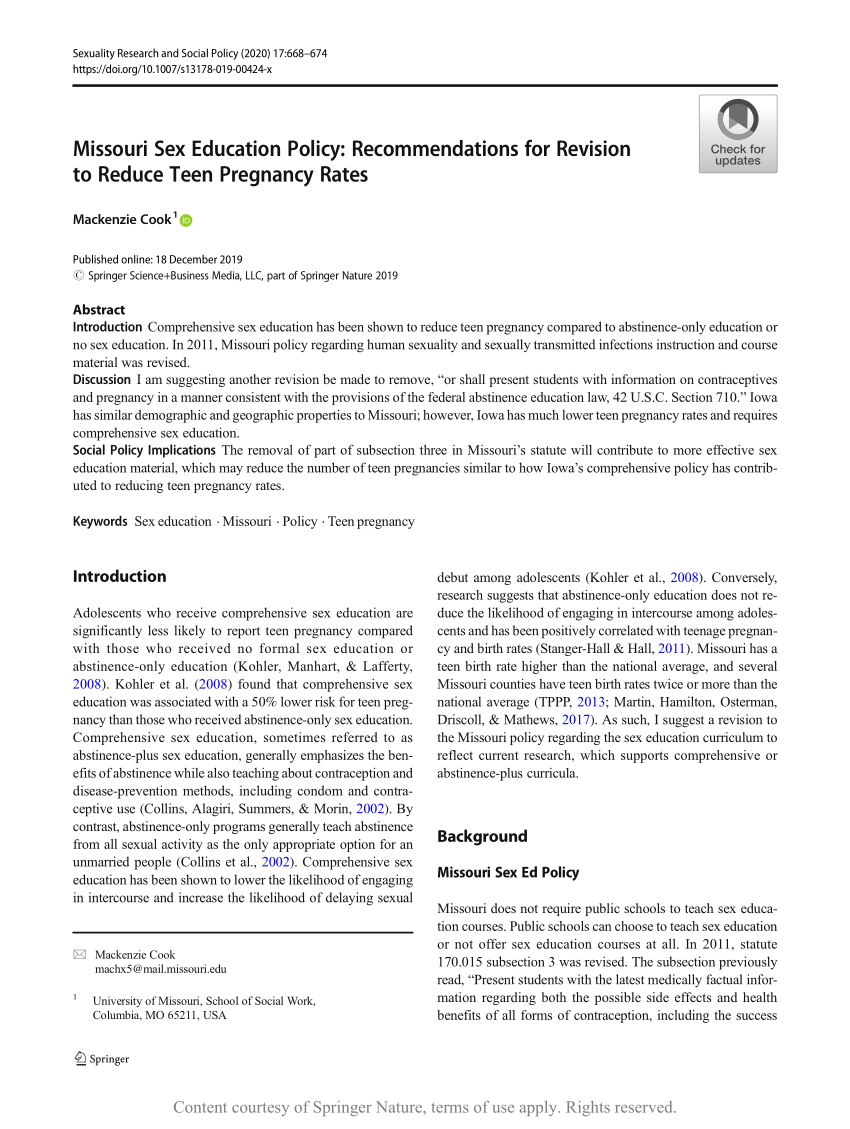 Missouri Sex Education Policy: Recommendations for Revision to Reduce Teen  Pregnancy Rates | Request PDF