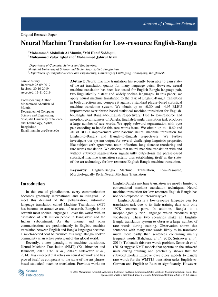 Pdf Neural Machine Translation For Low Resource English Bangla