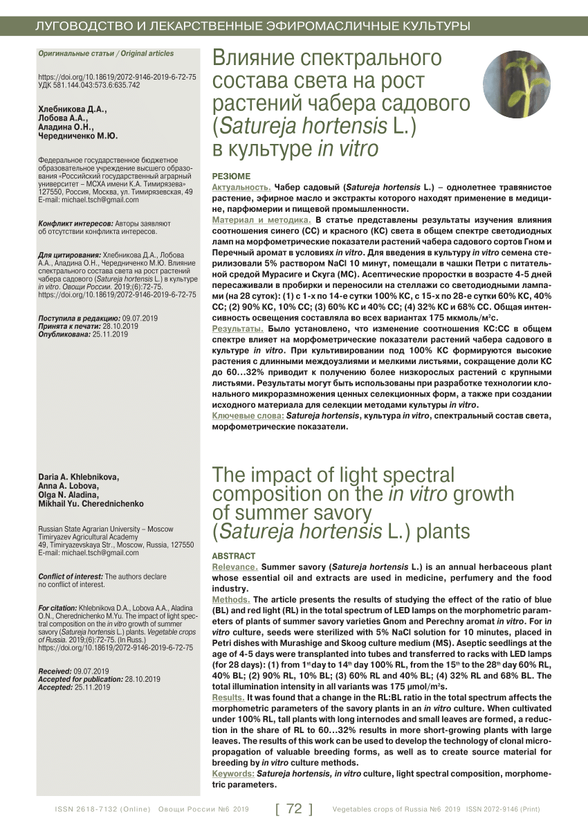 PDF) The impact of light spectral composition on the in vitro growth of  summer savory (Satureja hortensis L.) plants