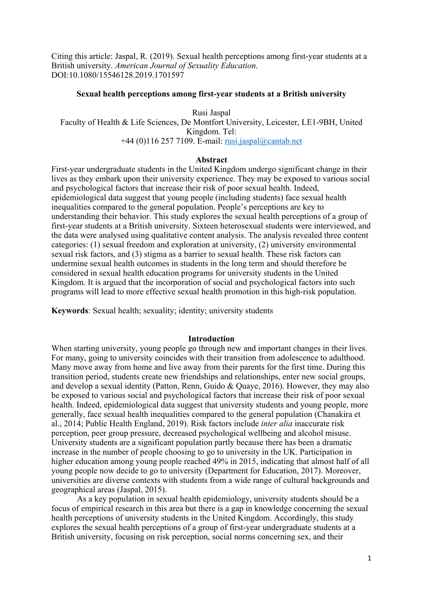 PDF Sexual Health Perceptions Among First Year Students at a