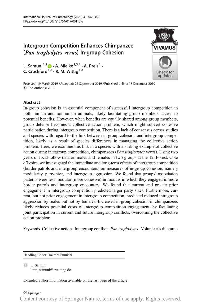 Pdf Intergroup Competition Enhances Chimpanzee Pan Troglodytes Verus In Group Cohesion