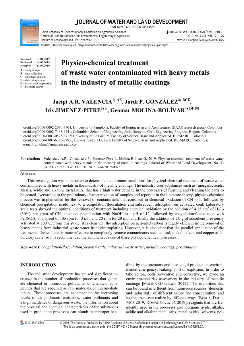 Pdf Physico Chemical Treatment Of Waste Water Contaminated With Heavy Metals In The Industry Of Metallic Coatings