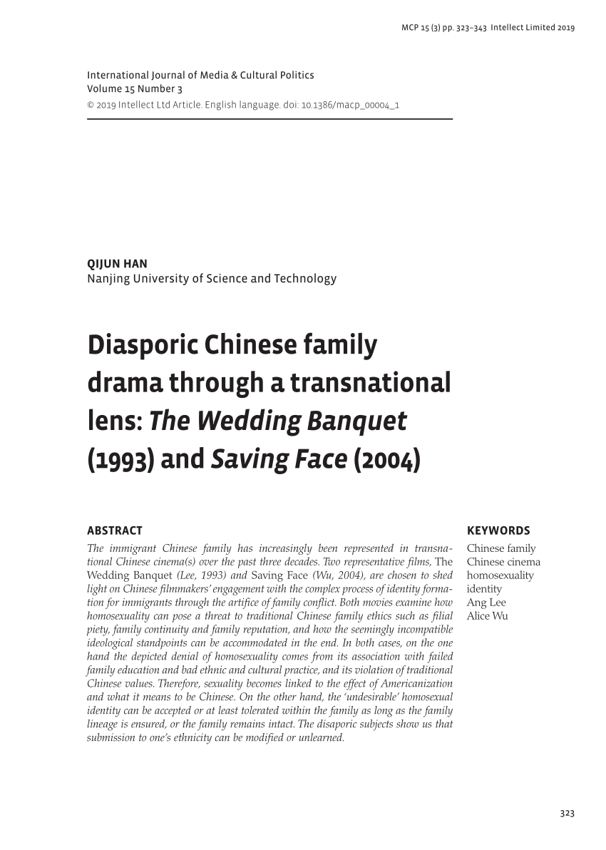 PDF) Diasporic Chinese family drama through a transnational lens: The  Wedding Banquet (1993) and Saving Face (2004)