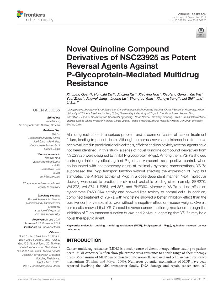 Pdf Novel Quinoline Compound Derivatives Of Nsc As Potent Reversal Agents Against P Glycoprotein Mediated Multidrug Resistance