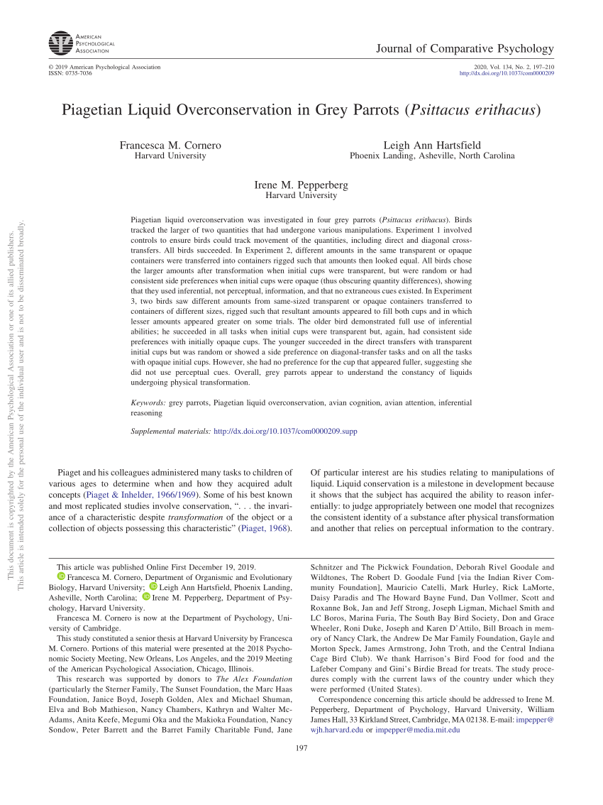 Piagetian Liquid Overconservation in Grey Parrots Psittacus