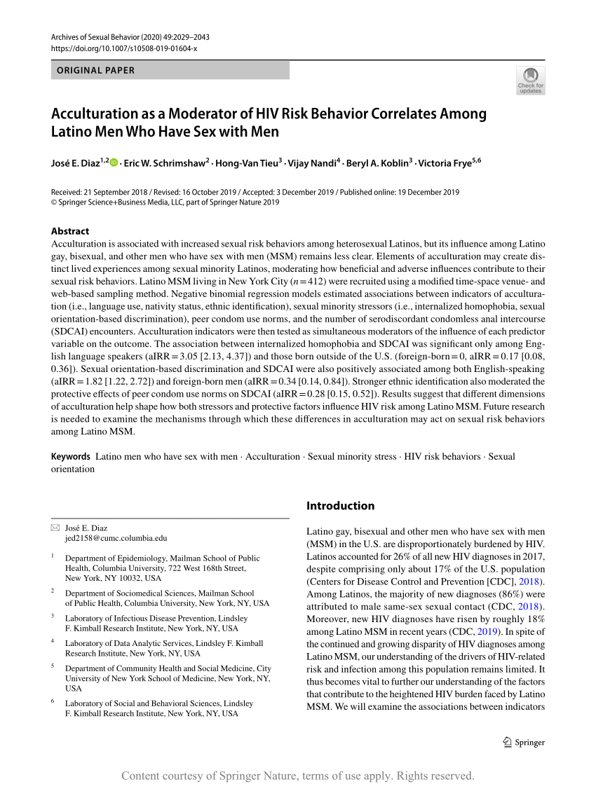 Acculturation as a Moderator of HIV Risk Behavior Correlates Among Latino  Men Who Have Sex with Men | Request PDF