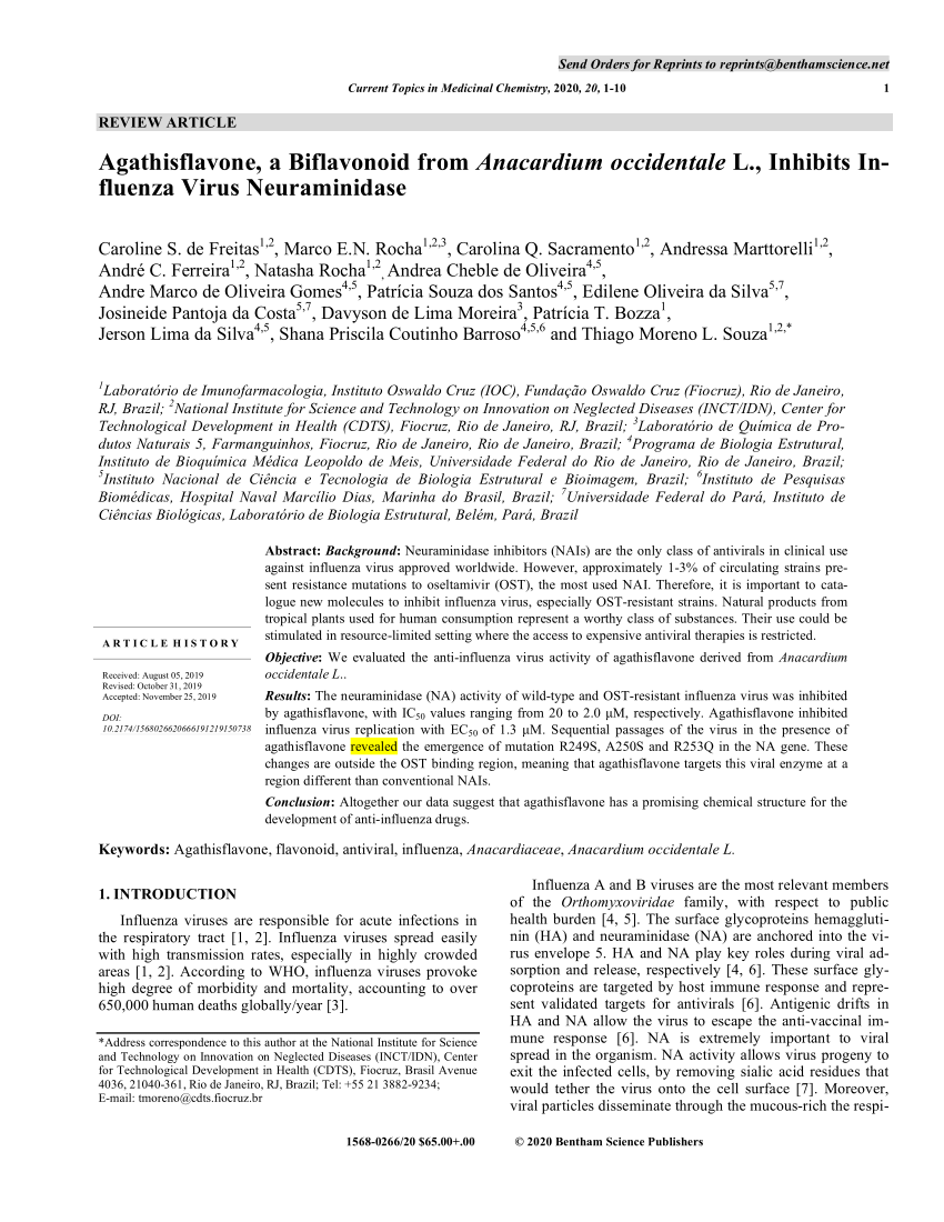 Pdf Agathisflavone A Biflavonoid From Anacardium Occidentale L Inhibits Influenza Virus Neuraminidase