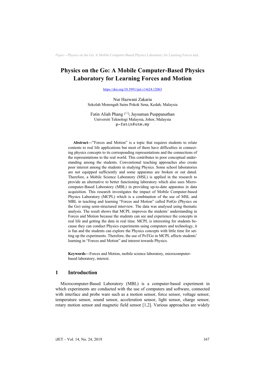 Pdf Physics On The Go A Mobile Computer Based Physics Laboratory For Learning Forces And Motion